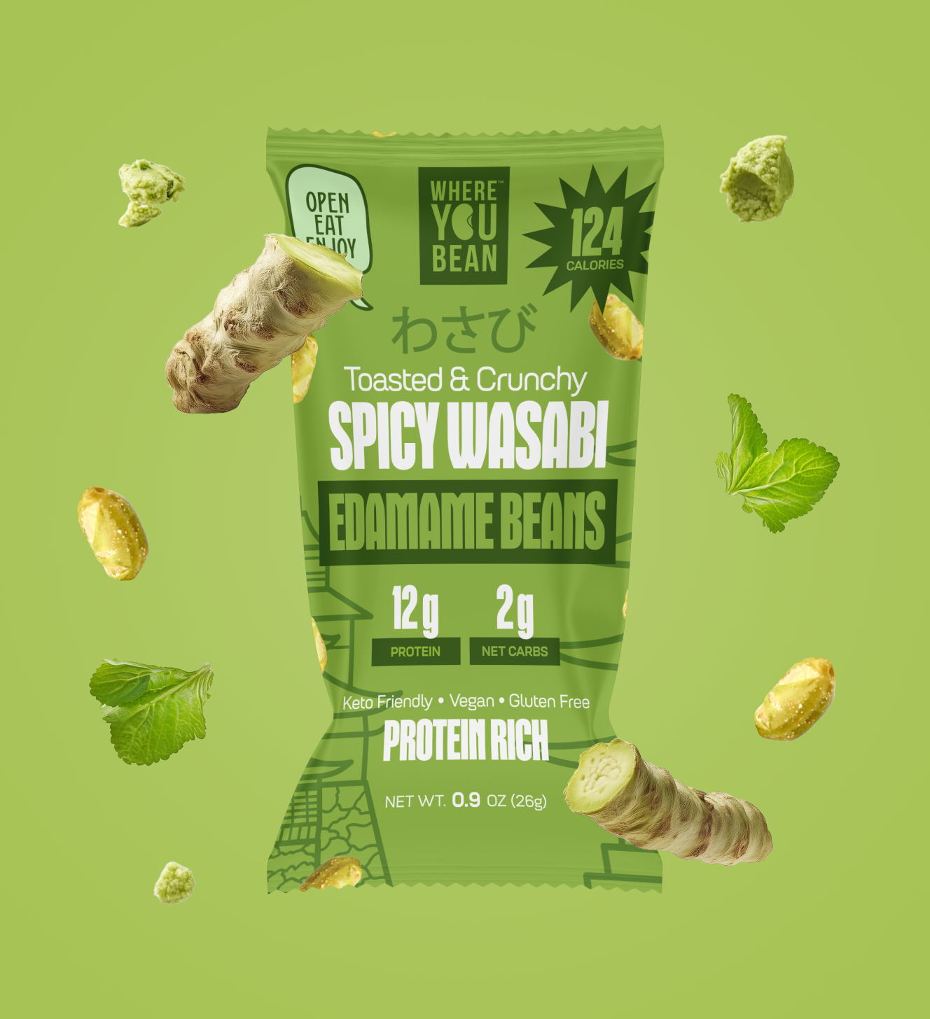 Spicy Wasabi - Toasted & Crunchy Edamame Snacks (8 pack) 0.9oz